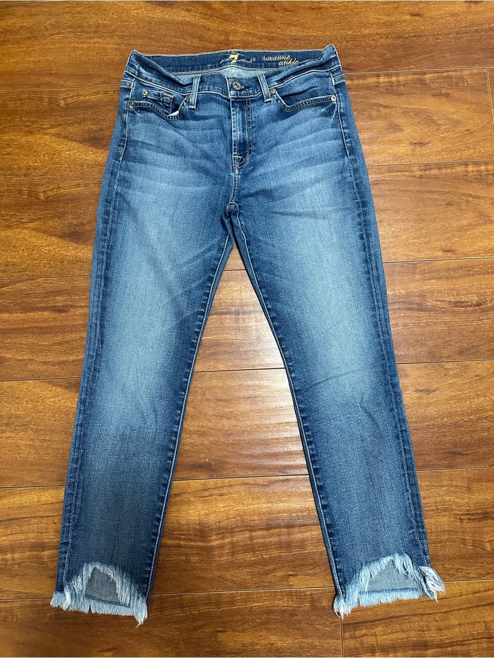 7 For All Mankind Medium Blue Cropped Jeans with Frayed Hem
